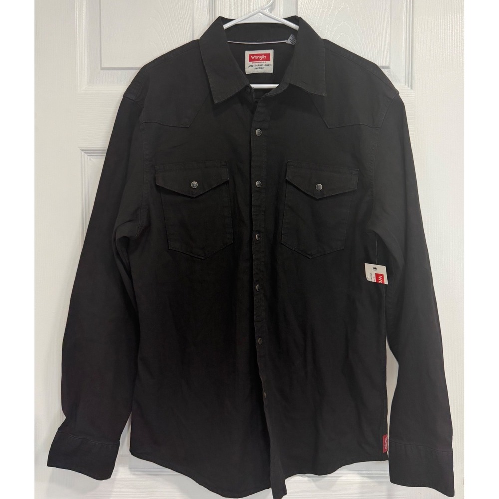 Wrangler Mens Large Black Western Snap Shirt Cowboy Pearl Snap Long Sleeve
